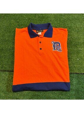 Vintage Detroit Tigers polo mens large orange blue 1990s striped short sleeve
